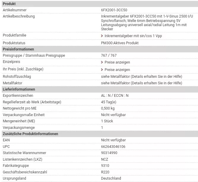 SIEMENS Inkrementalgeber 6FX2001-3CC50 mit 1-V-Sinus Synchroflansch Drehgeber