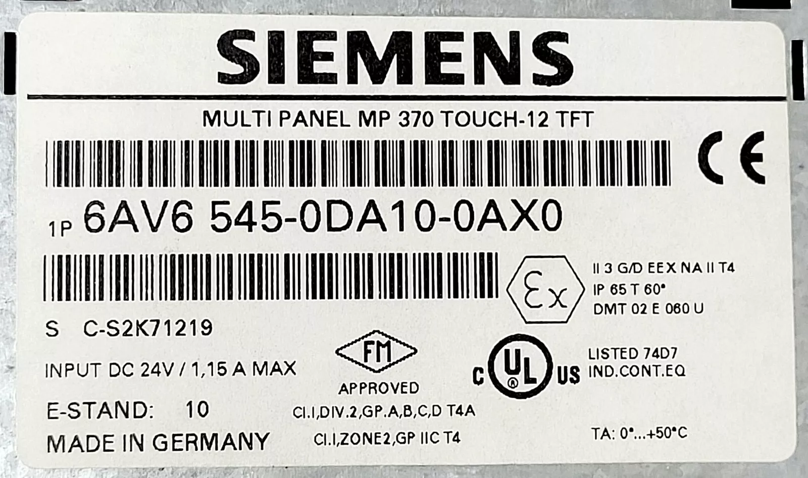 Siemens Simati MP370 Multipanel Touch 6AV6545-0DA10-0AX0 / 6AV6 545-0DA10-0AX0 