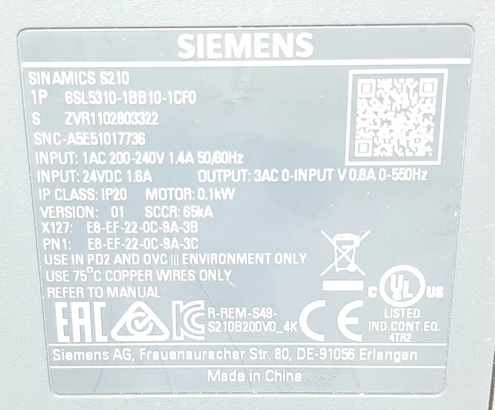  Siemens SINAMICS S210 6SL5310-1BB10-1CF0 Servo Umrichter / Frequenzumrichter 