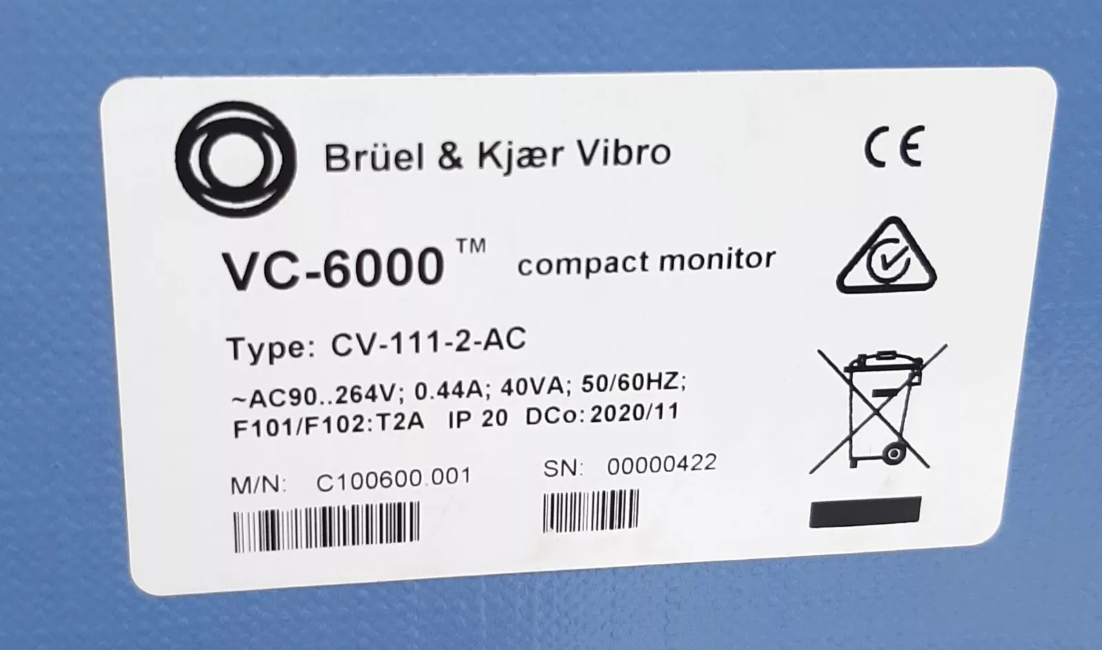 Brüel & Kjaer Vibro Vibrocontrol-6000 Compact Monitor VC-6000/ CV-111-2-AC /Neu